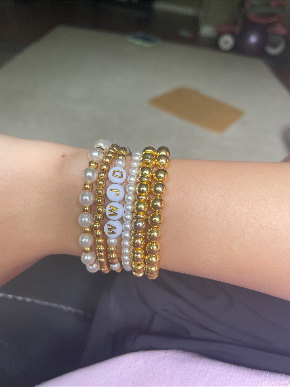 Gold & White Pearl Beaded Bracelet Set with Letter Beads
